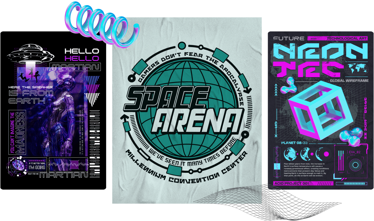 Design templates perfect for Y2K t-shirt and poster designs, using retro elements, neon colors and text.