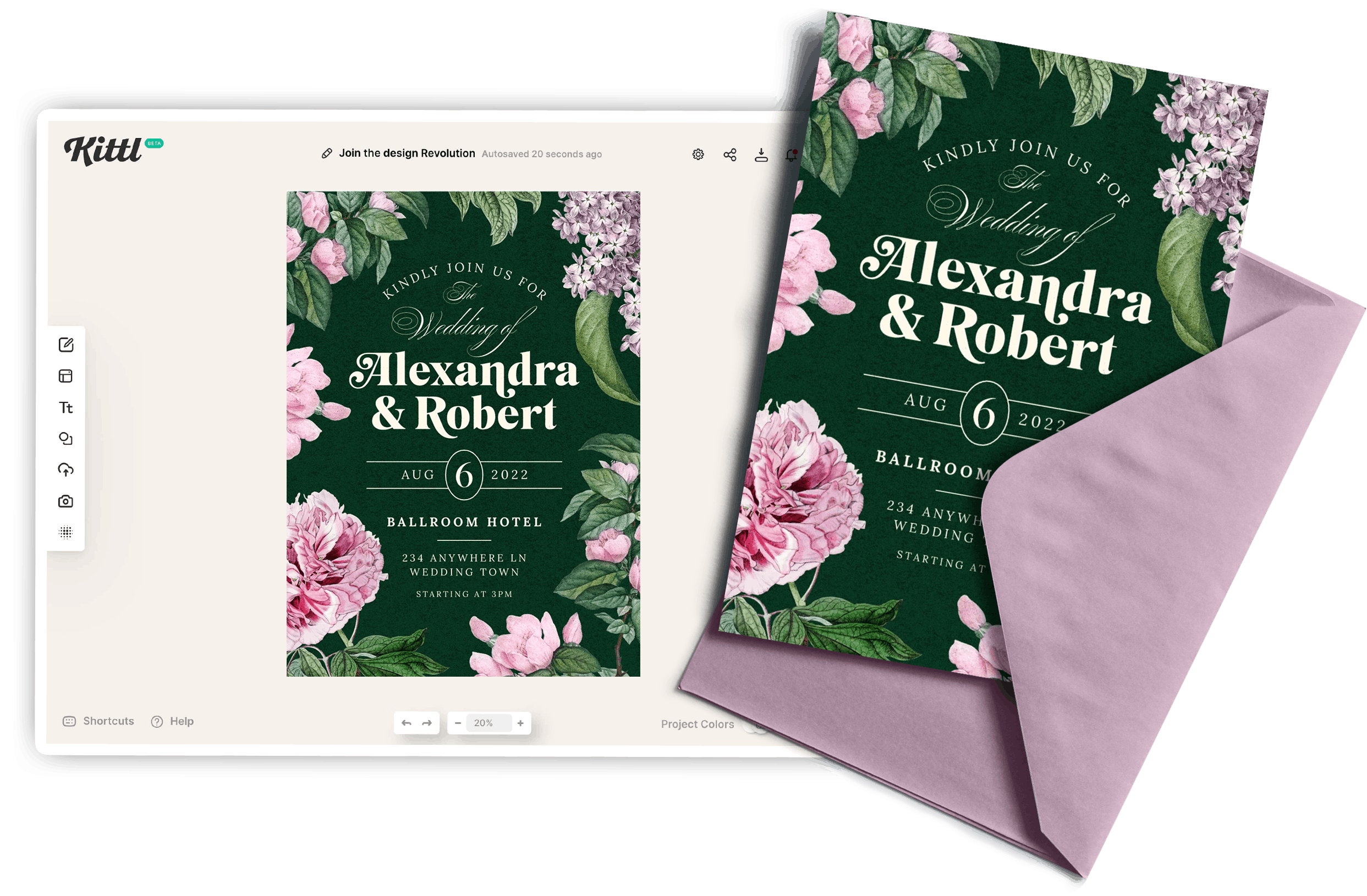 Image of Kittl's invitation maker design tool with a floral, green, purple and pink wedding invitation template being used. Next to it, the physical print version of the same wedding invitation is seen.