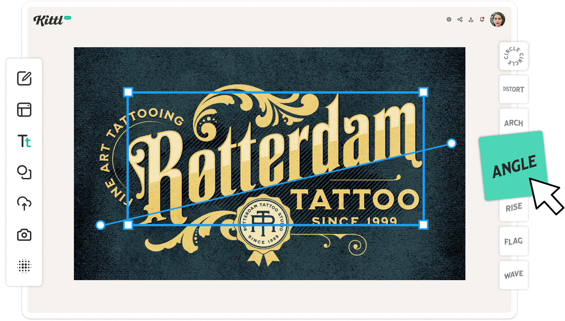 Multiple text transformation options in Kittl. With a sample of angle alignment on a vintage tattoo logo design.