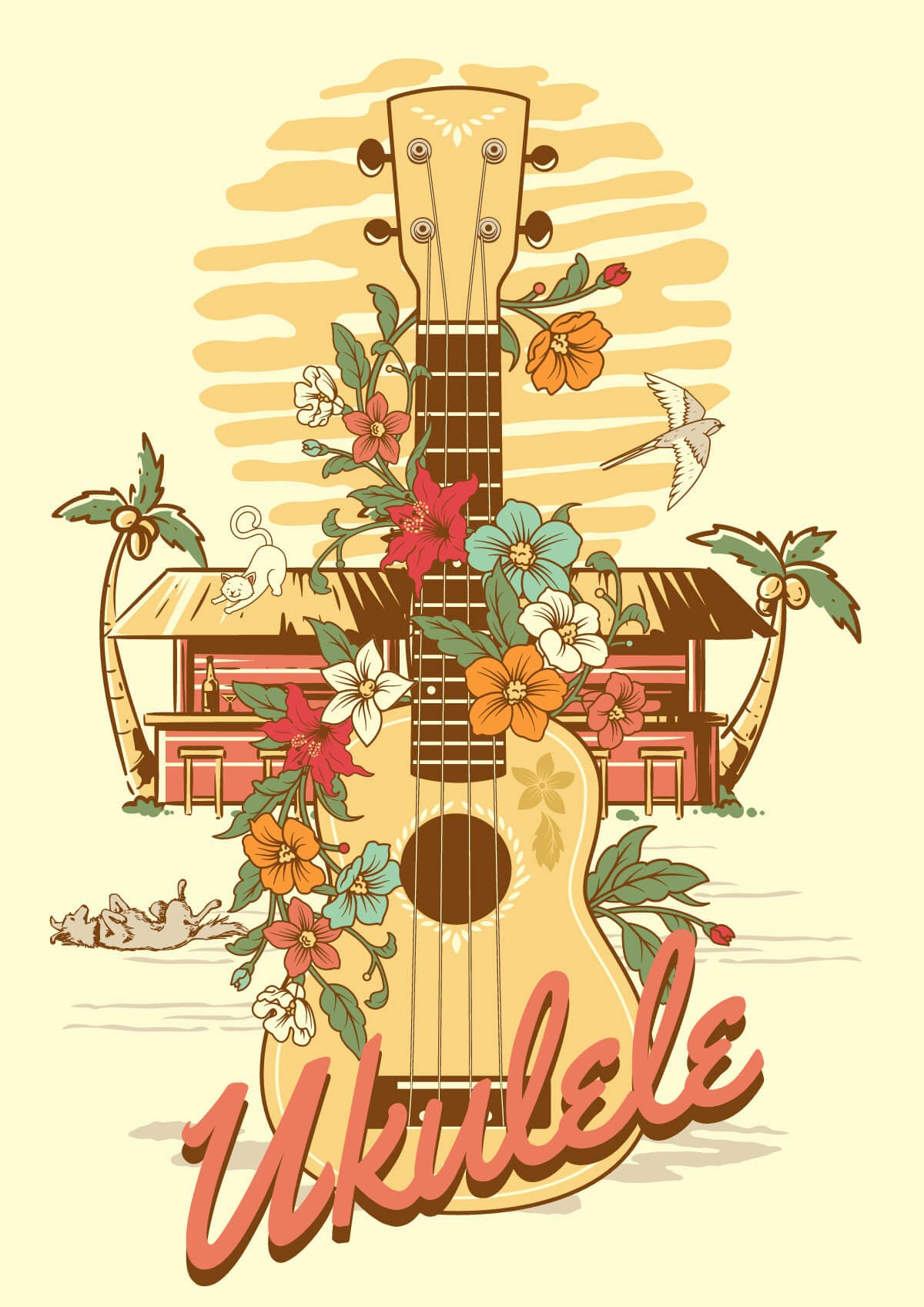 Illustration template with an ukulele overgrown with flowers in front of a beach cabin, sunset and palm trees.