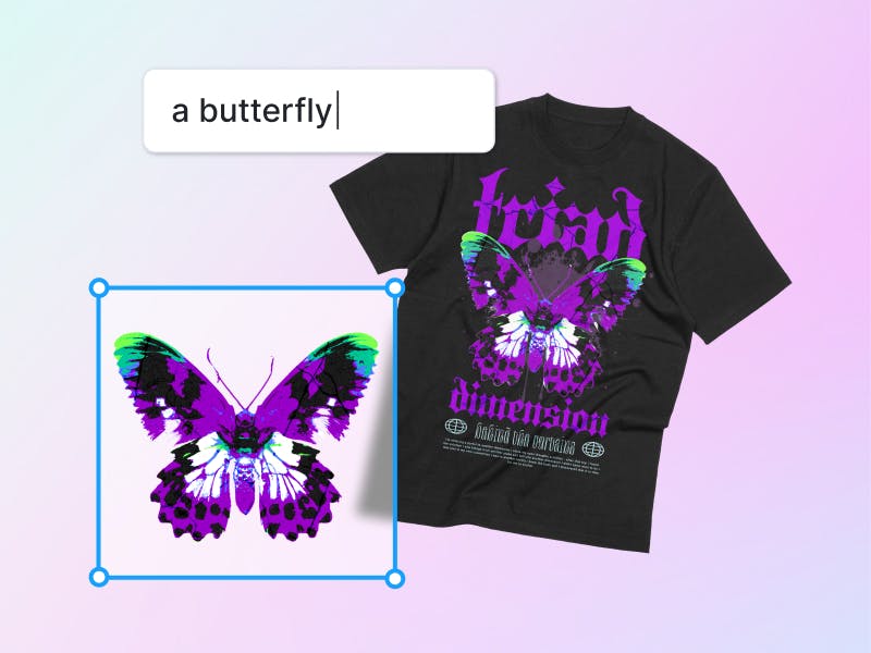 Vector butterfly generator created with Kittl AI on Y2K streetwear t-shirt.