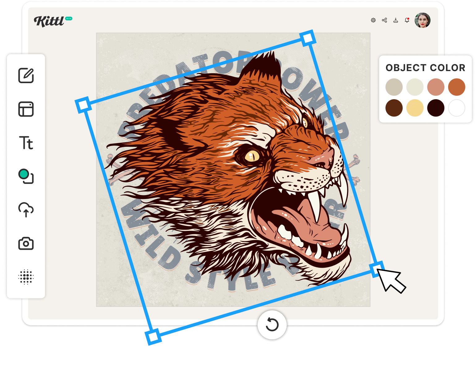 Angry tiger illustration being rotated and colors being changed in Kittl.