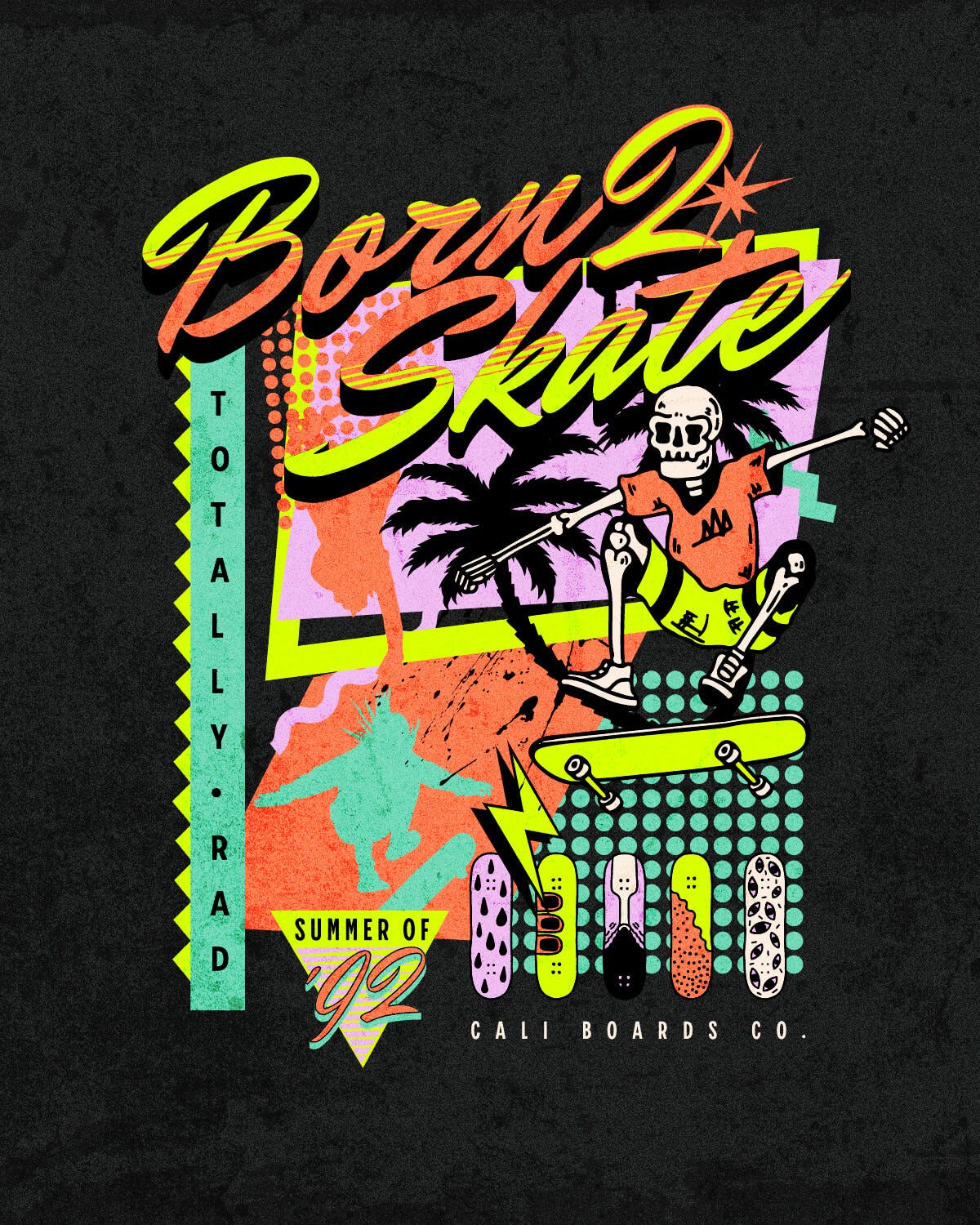 92s Skater T-shirt design with bright colors and a skating skeleton.