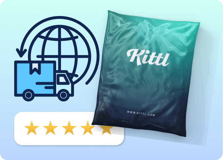 Worldwide Shipping with Kittl Print. Shows Kittl packaging
