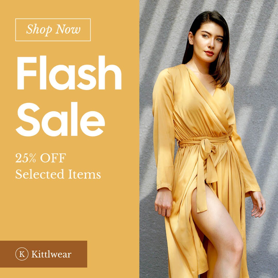 Photo of woman in a yellow dress in front concrete wall with shading for social media flash sale post.