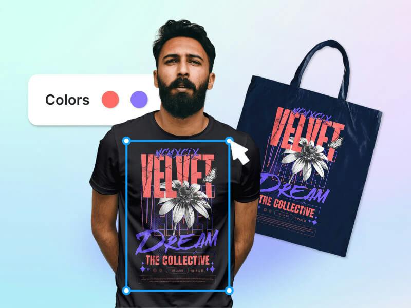 Vibrant Y2K streetwear design template placed on t-shirt and tote bag with Kittl's Mockup tool.