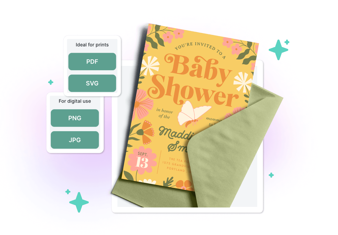 Final physical printed baby shower invitation. Option for users to download the invitation in PDF, SVG, PNG, JPG/JPEG and share with their guests. 