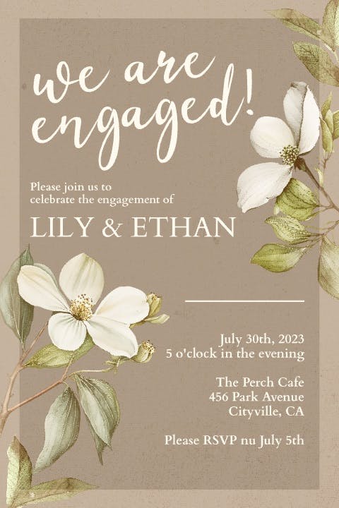 Modern, minimalist engagement party invitation template with dark beige background and white flowers.