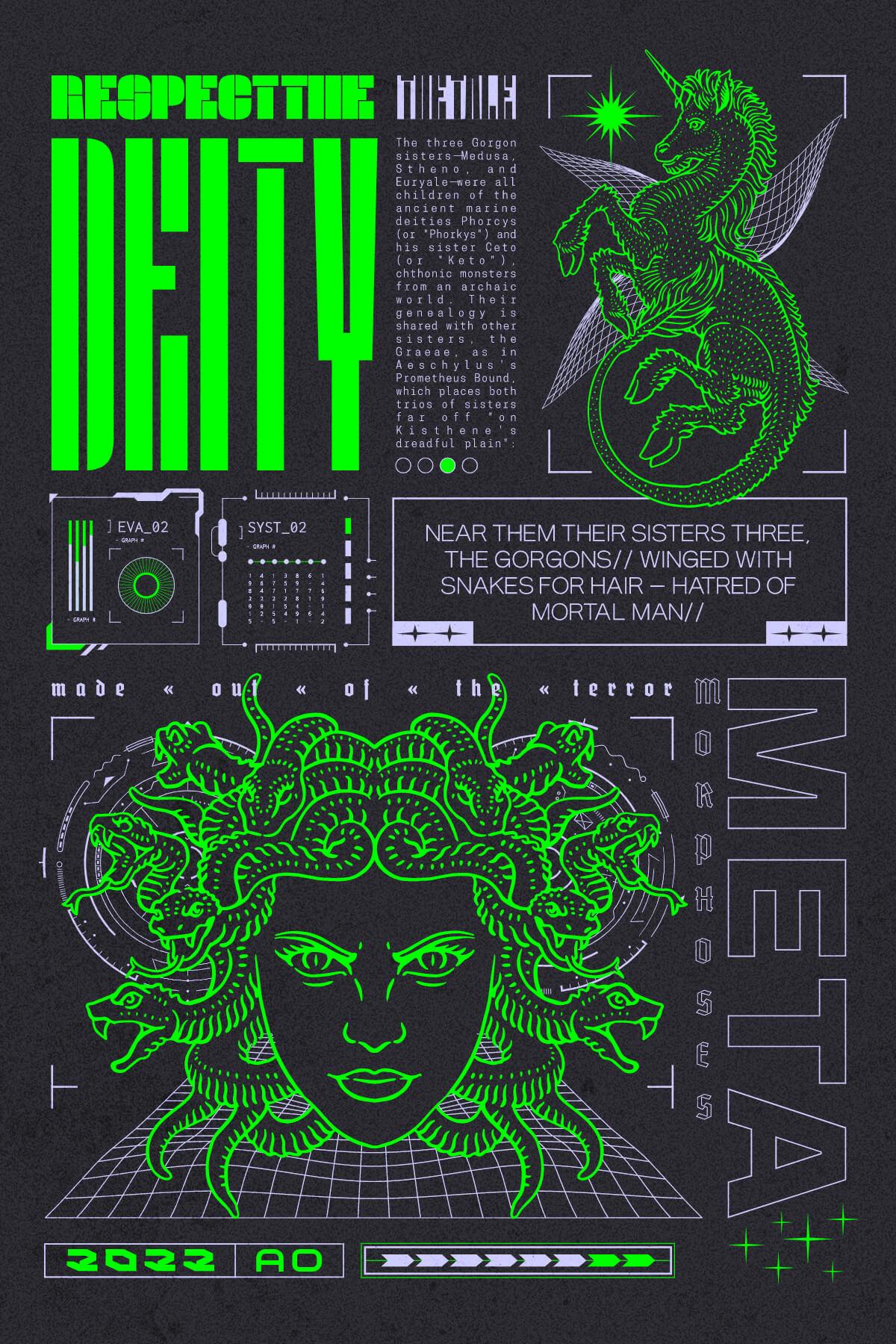 Y2K streetwear t-shirt design using different fonts, neon colors and medusa illustration.