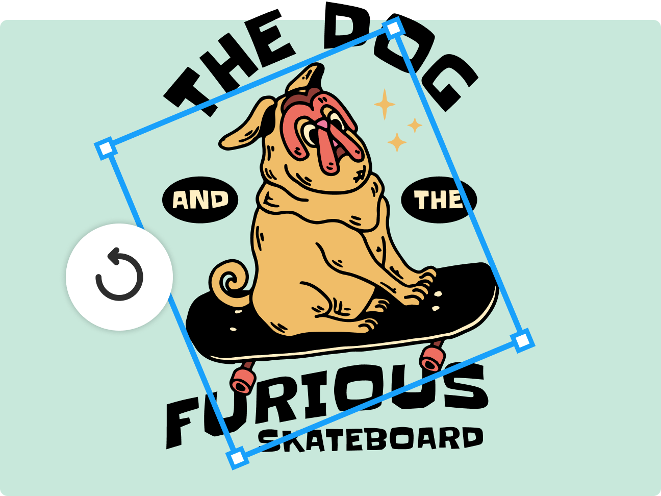 Fun illustration with a dog on a skateboard is rotated to fit into a logo design.