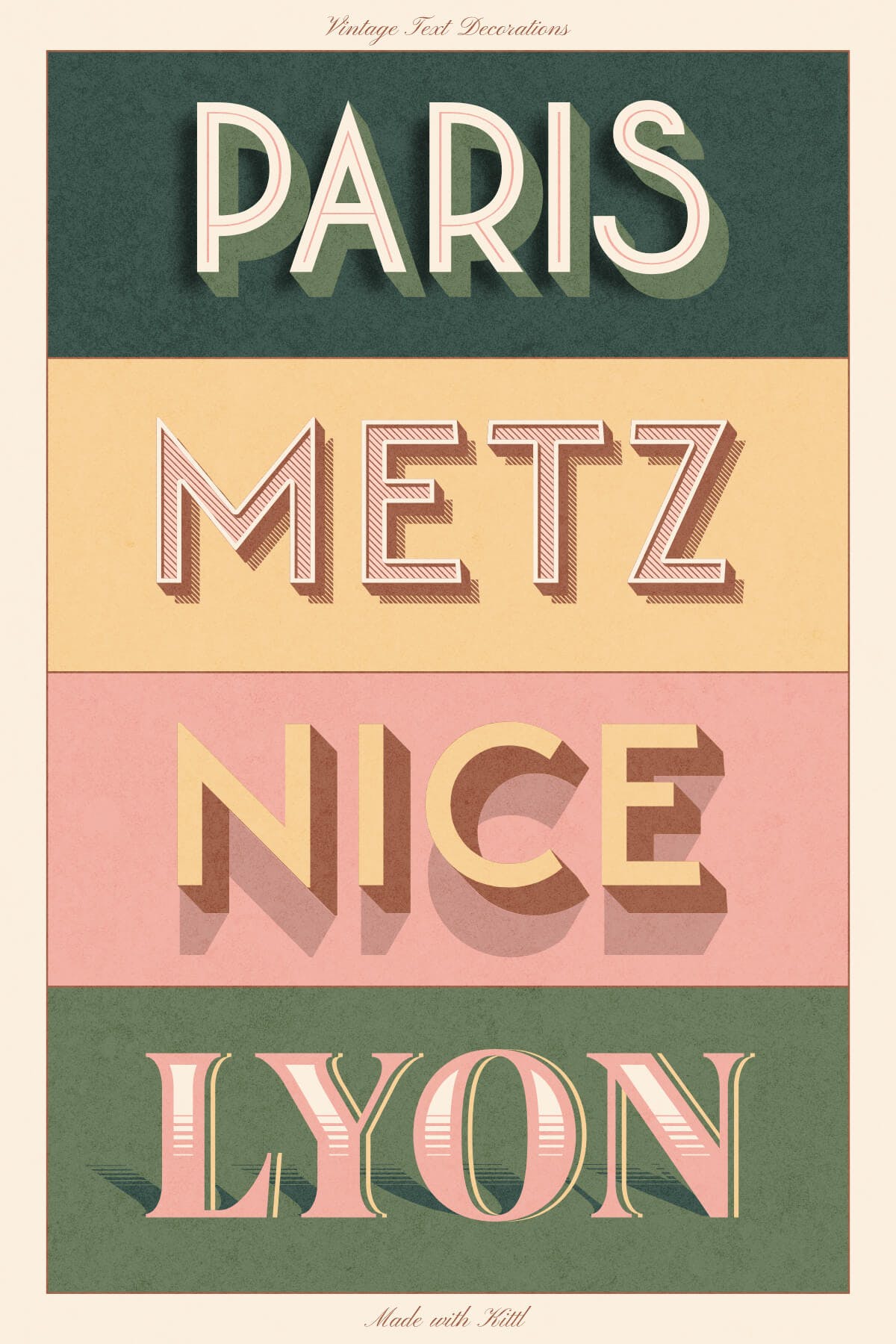 Vintage type specimen design with different text decoration and shadows.