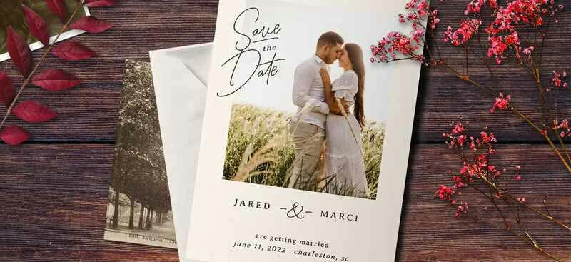 Save the date wedding invitation template with a photo of a couple in the middle that can be customized.