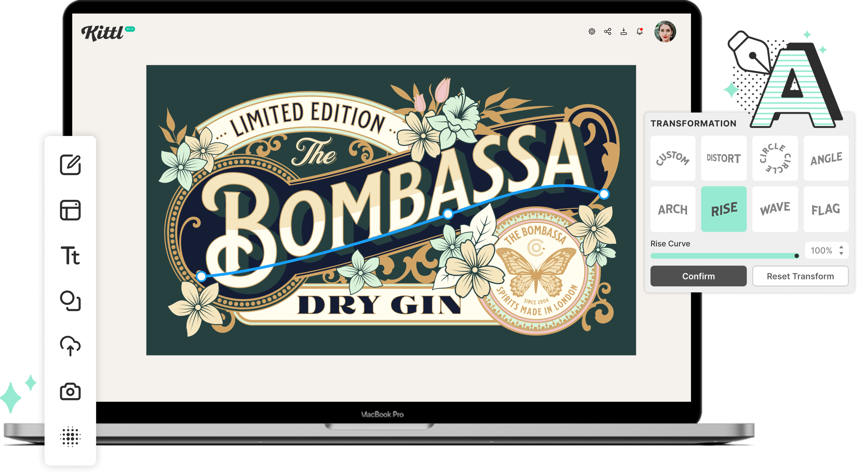 Different text effects in vintage gin label design using Kittl's editor.