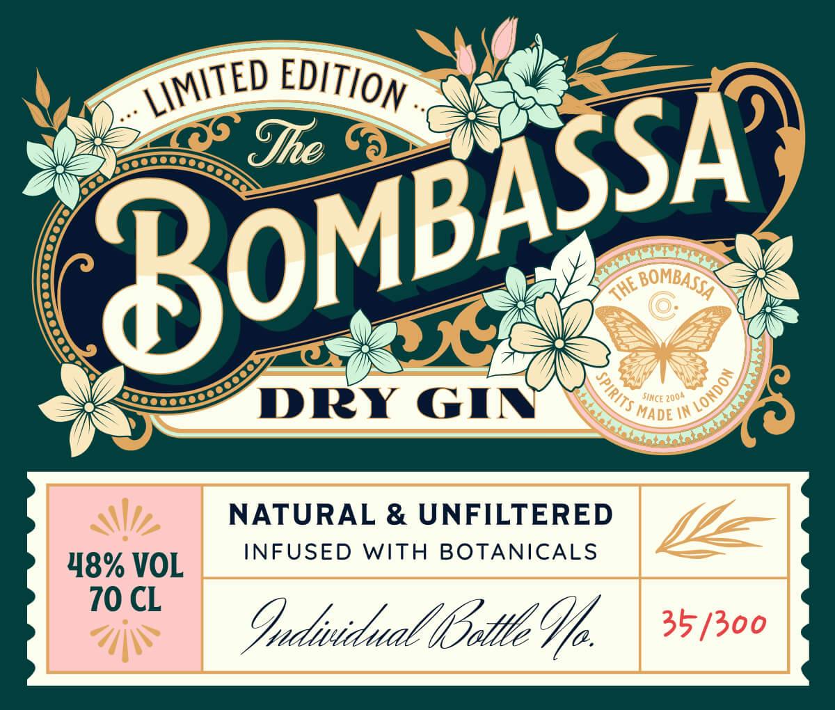 Classic dry gin label design with butterfly badge und 