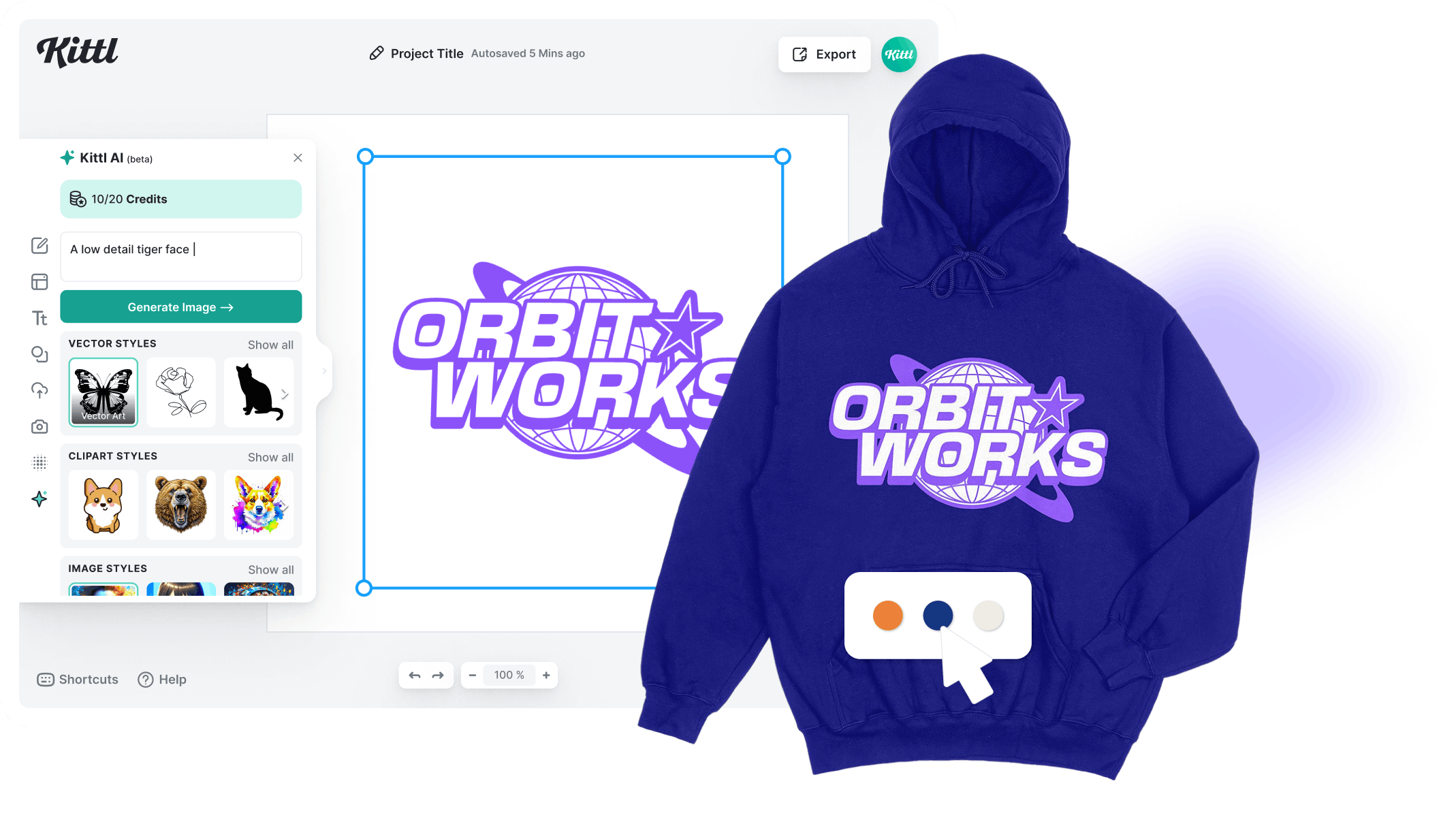 Create a hoodie or sweatshirt in Kittl. Image shows the kittl editor and a mockup of the finished print product. Featuring a bestselling Y2K Design