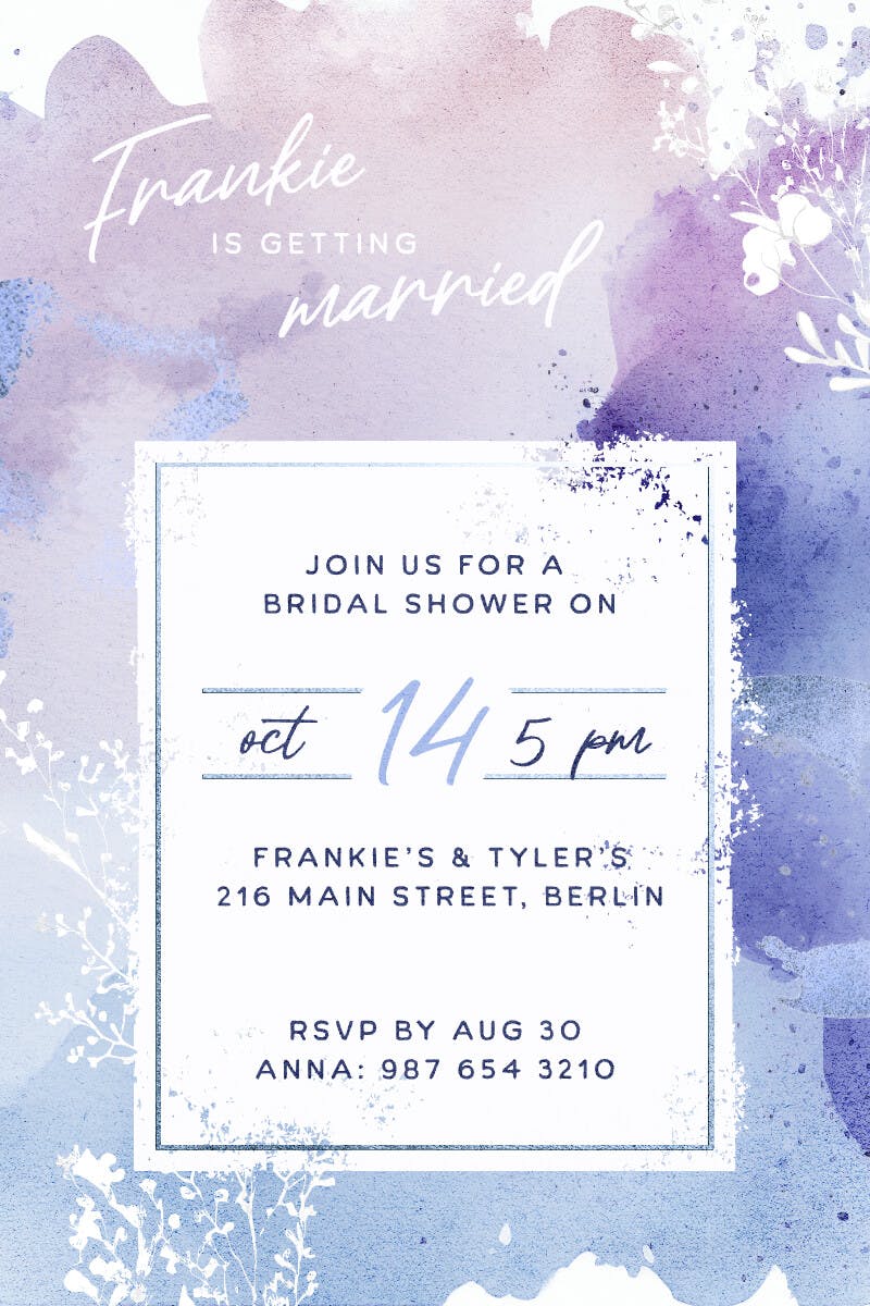 Bridal shower invitation card design with watercolor background and white flowers.